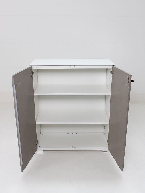 Highboard mit Flügeltüren abschließbar 3 Ordnerreihen hoch Korpus weiss Front grau beige Detailansicht