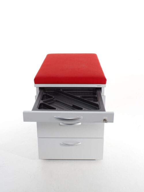 rollcontainer von vario officegrau mit rotem sitzpolster detailansicht