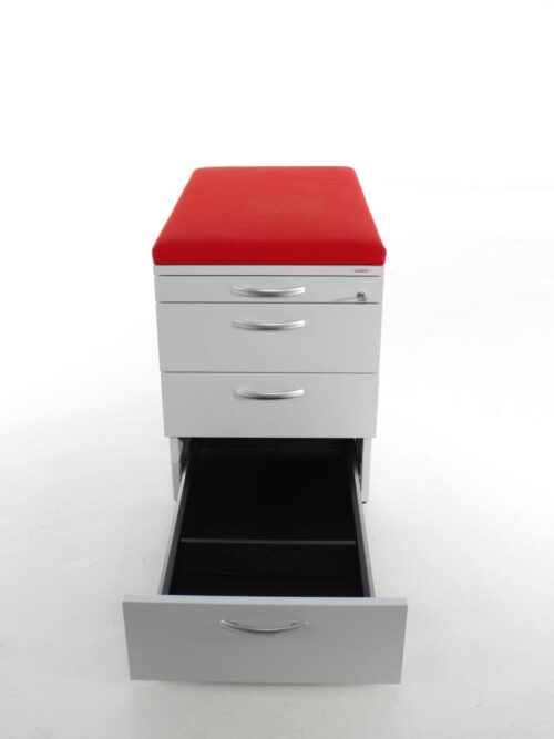 rollcontainer von vario officegrau mit rotem sitzpolster detailansicht
