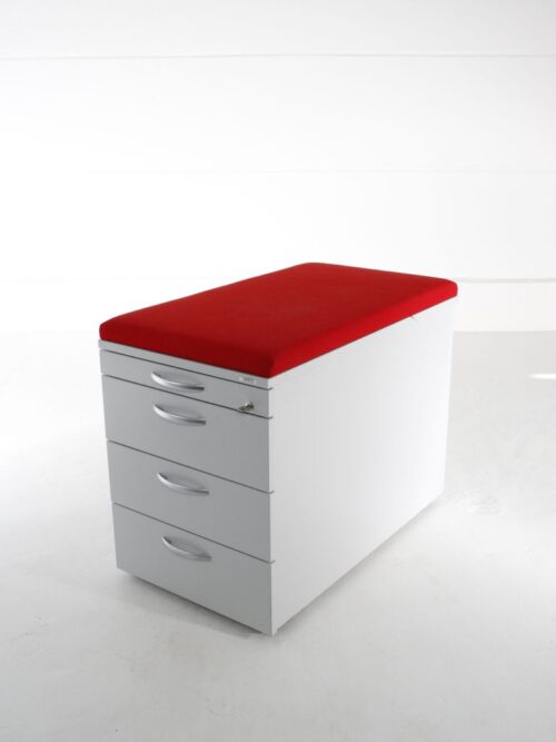 rollcontainer von vario officegrau mit rotem sitzpolster seitenansicht