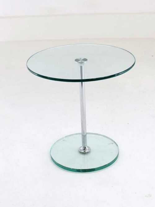 Beistelltisch aus Glas rund 50 cm - Tellerfuß aus Glas rund 34 cm - Verbindungsstange aus Chrom gebraucht Frontansicht